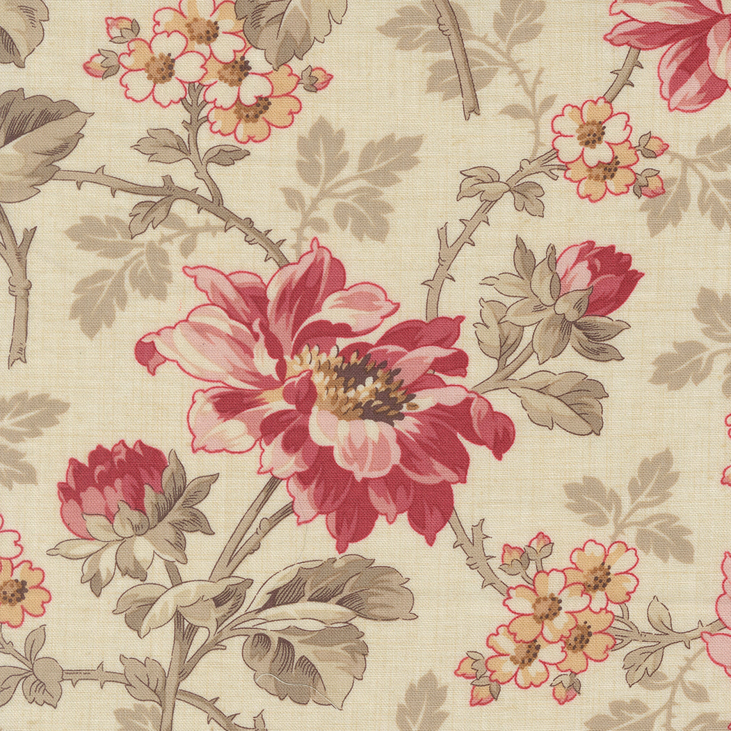 Vintage floral quilting cotton fabric with romantic red flowers on pearl background by French General for Moda Fabrics