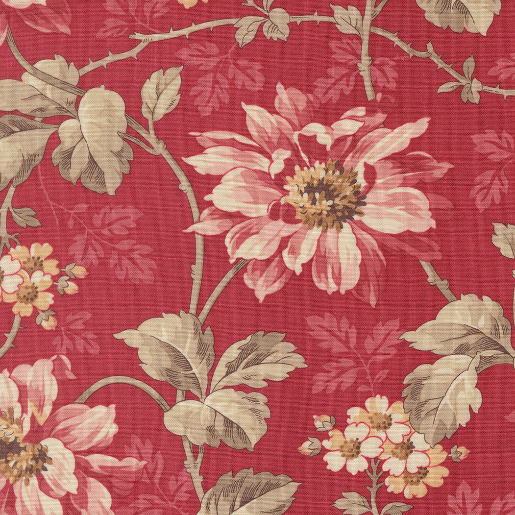 Vintage floral quilting cotton fabric with elegant pink flowers on rouge red background by French General for Moda Fabrics