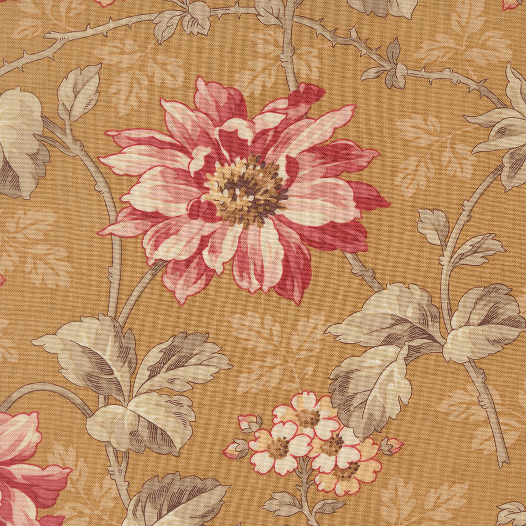 Vintage floral quilting cotton fabric with large blush pink flowers on tea gold background by French General for Moda Fabrics