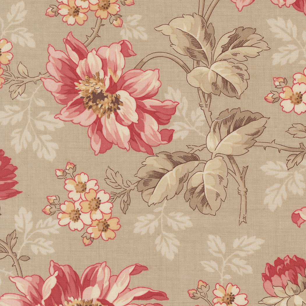Vintage floral quilting cotton fabric with pink flowers and delicate vines on warm neutral roche background by French General for Moda Fabrics