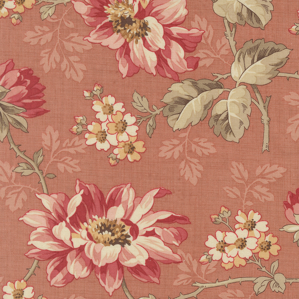 Vintage floral quilting cotton fabric with pink flowers and botanical vines on warm clay pink background by French General for Moda Fabrics