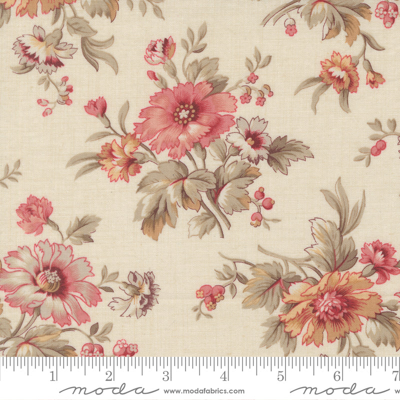 Vintage floral quilting cotton fabric with delicate pink floral bouquets on pearl cream background by French General for Moda Fabrics