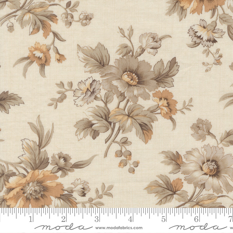Neutral vintage floral quilting cotton fabric with taupe and cream botanical bouquets by French General for Moda Fabrics