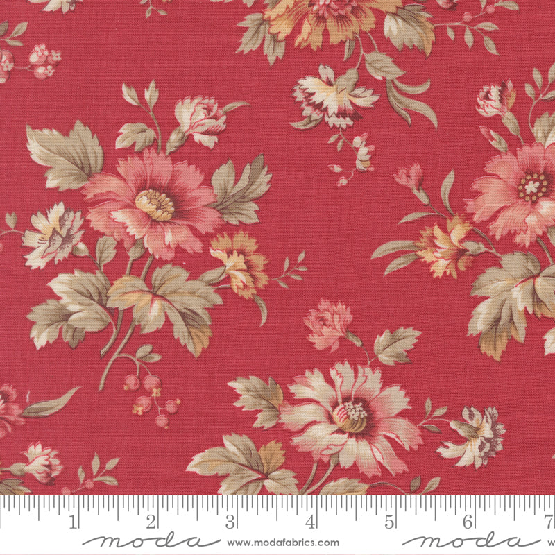 Vintage floral quilting cotton fabric with delicate pink floral bouquets on rich rouge red background by French General for Moda Fabrics