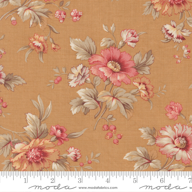 Vintage floral quilting cotton fabric with delicate blush floral bouquets on warm tea gold background by French General for Moda Fabrics