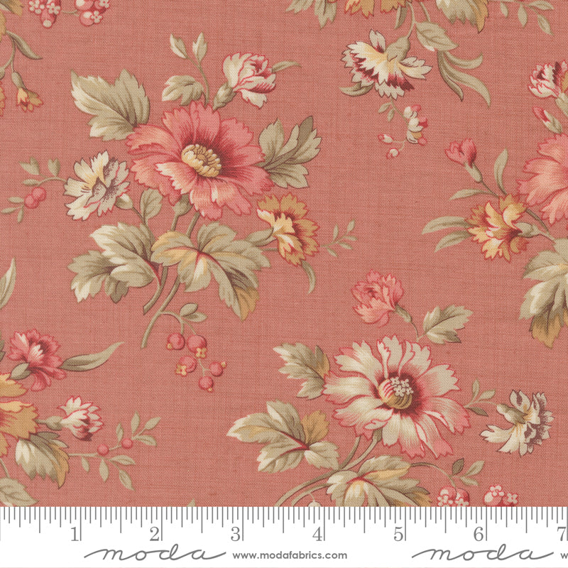 Vintage floral quilting cotton fabric with delicate blush floral bouquets on warm clay pink background by French General for Moda Fabrics