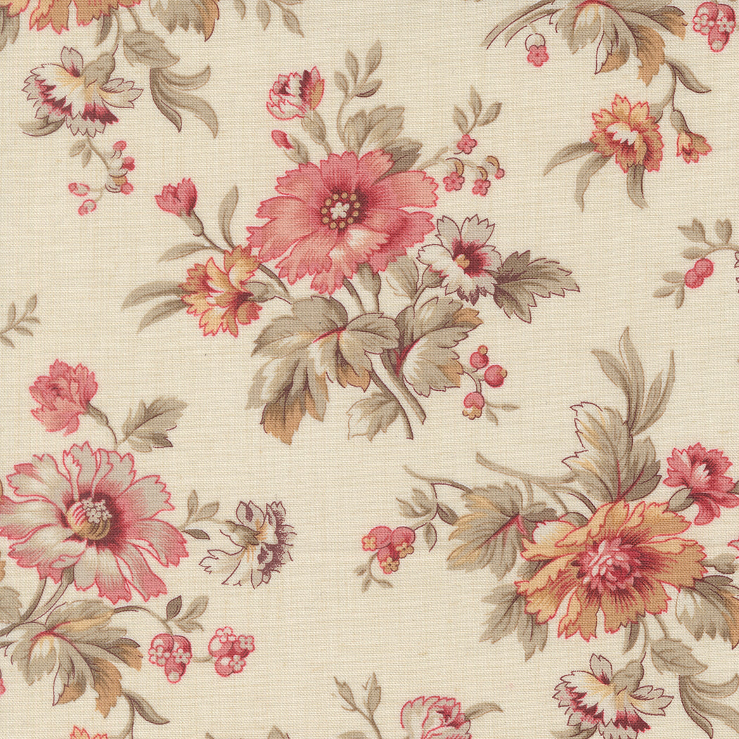 Vintage floral quilting cotton fabric with delicate pink floral bouquets on pearl cream background by French General for Moda Fabrics