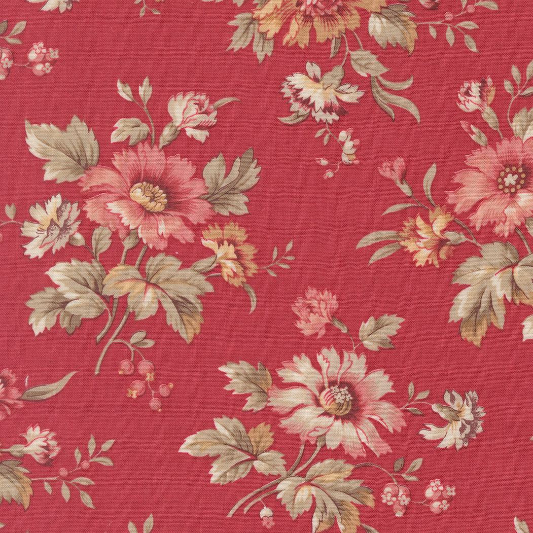 Vintage floral quilting cotton fabric with delicate pink floral bouquets on rich rouge red background by French General for Moda Fabrics