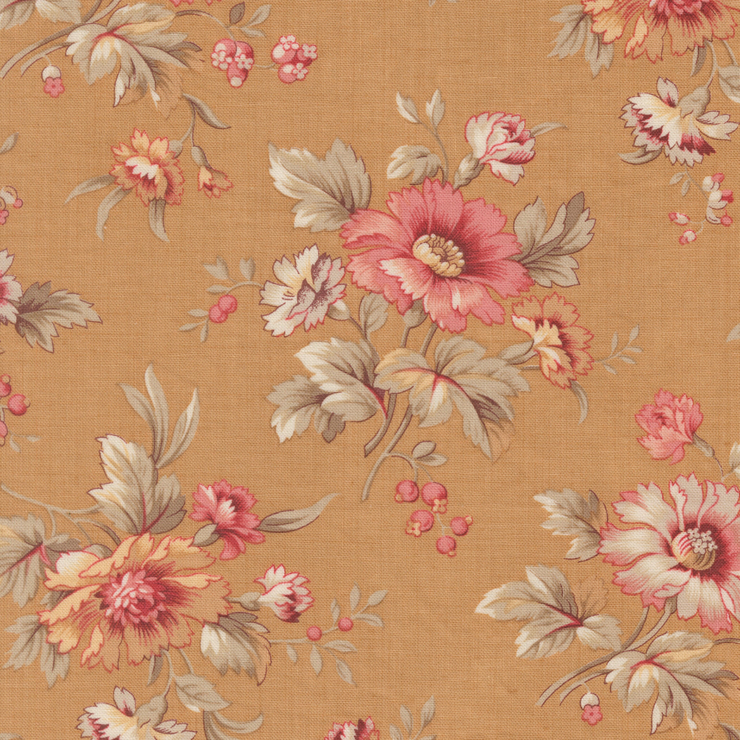 Vintage floral quilting cotton fabric with delicate blush floral bouquets on warm tea gold background by French General for Moda Fabrics