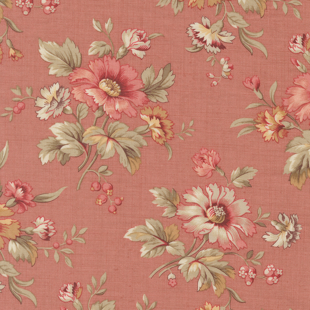 Vintage floral quilting cotton fabric with delicate blush floral bouquets on warm clay pink background by French General for Moda Fabrics