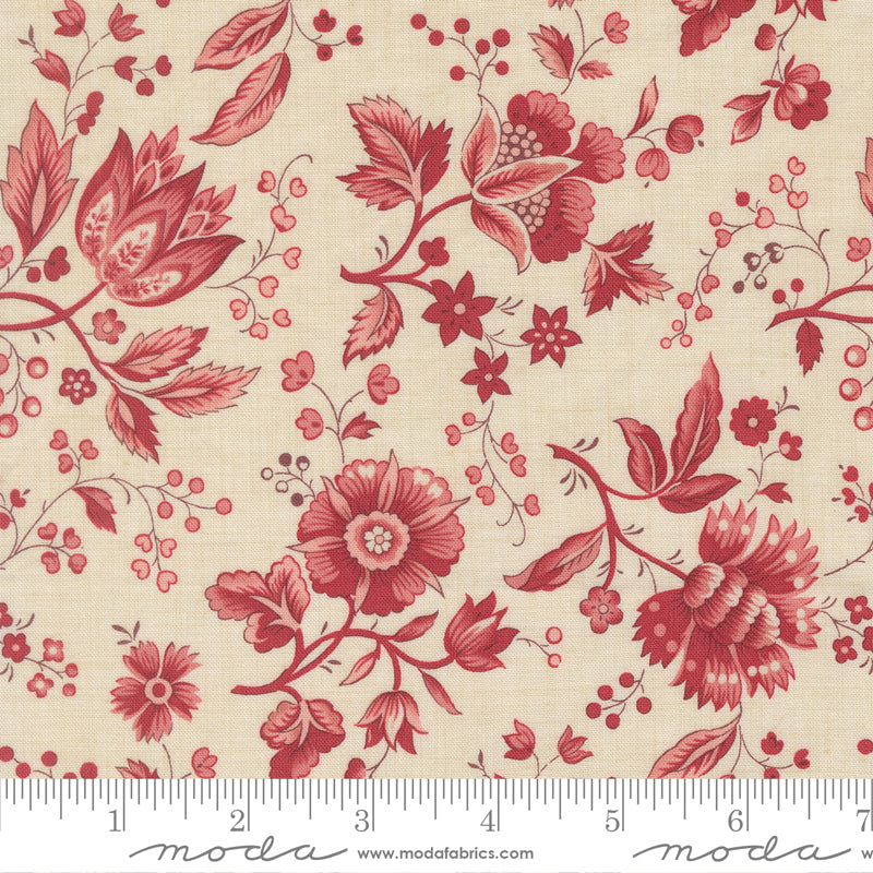 Vintage floral quilting cotton fabric with red floral vines on pearl cream background by French General for Moda Fabrics
