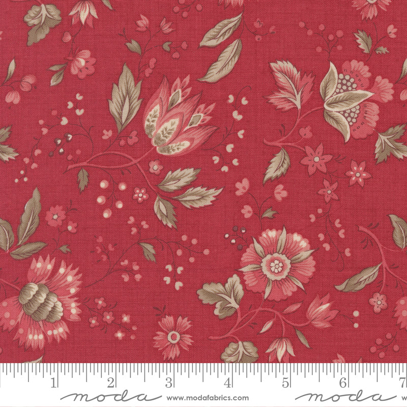 Vintage floral quilting cotton fabric with delicate pink and cream flowers on rouge red background by French General for Moda Fabrics