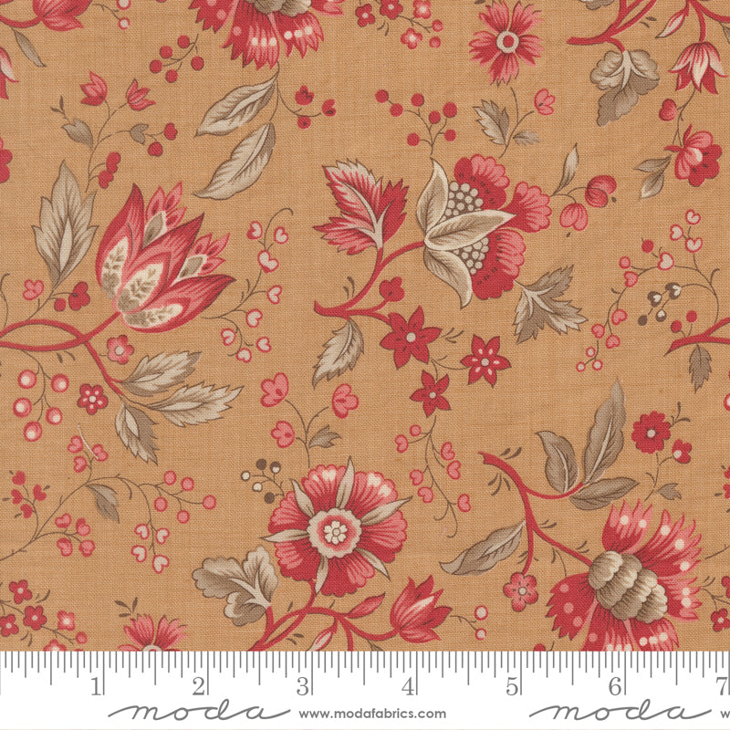 Vintage floral cotton fabric with red botanical flowers on warm tea beige background by French General for Moda Fabrics