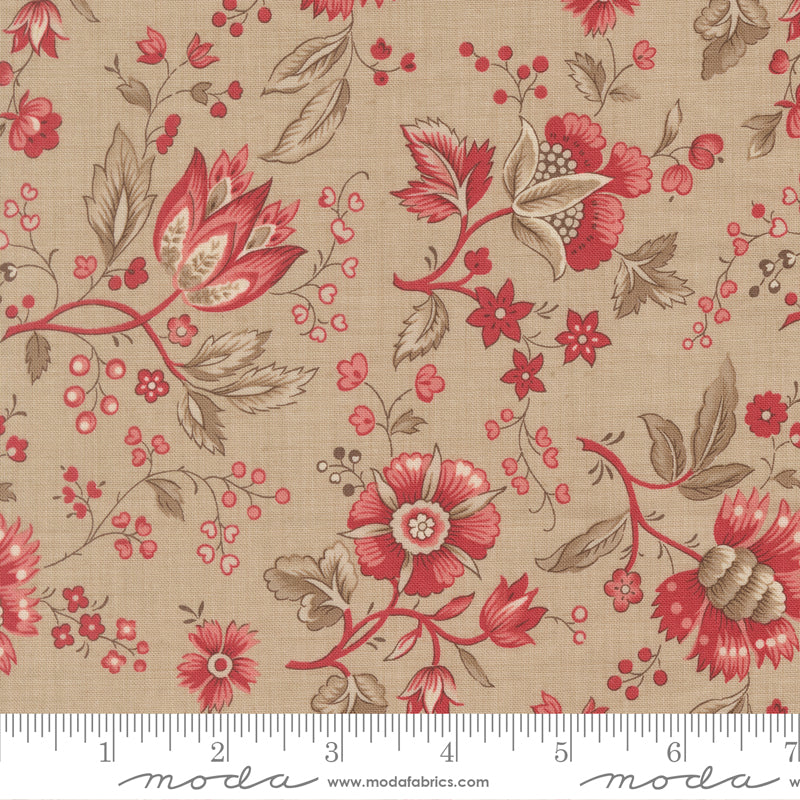 Vintage floral quilting cotton fabric with delicate red botanical flowers on neutral roche background by French General for Moda Fabrics