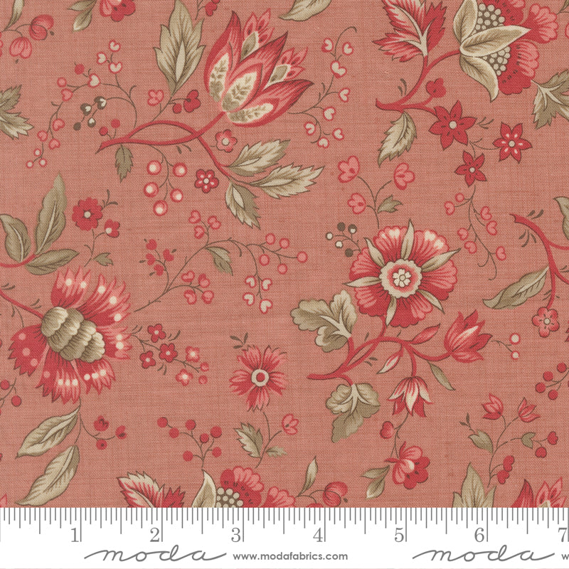 Vintage floral quilting cotton fabric with delicate red and pink botanical flowers on clay pink background by French General for Moda Fabrics