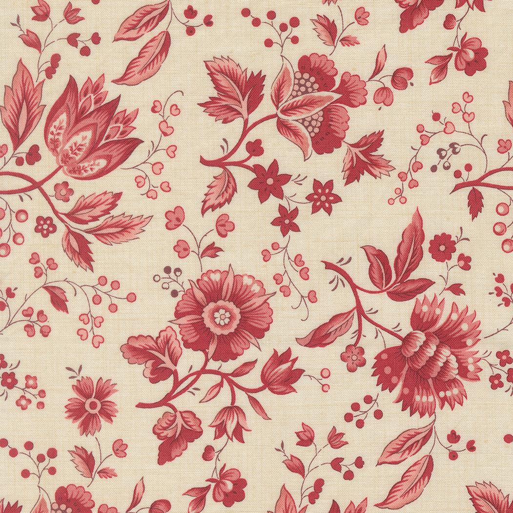 Vintage floral quilting cotton fabric with red floral vines on pearl cream background by French General for Moda Fabrics
