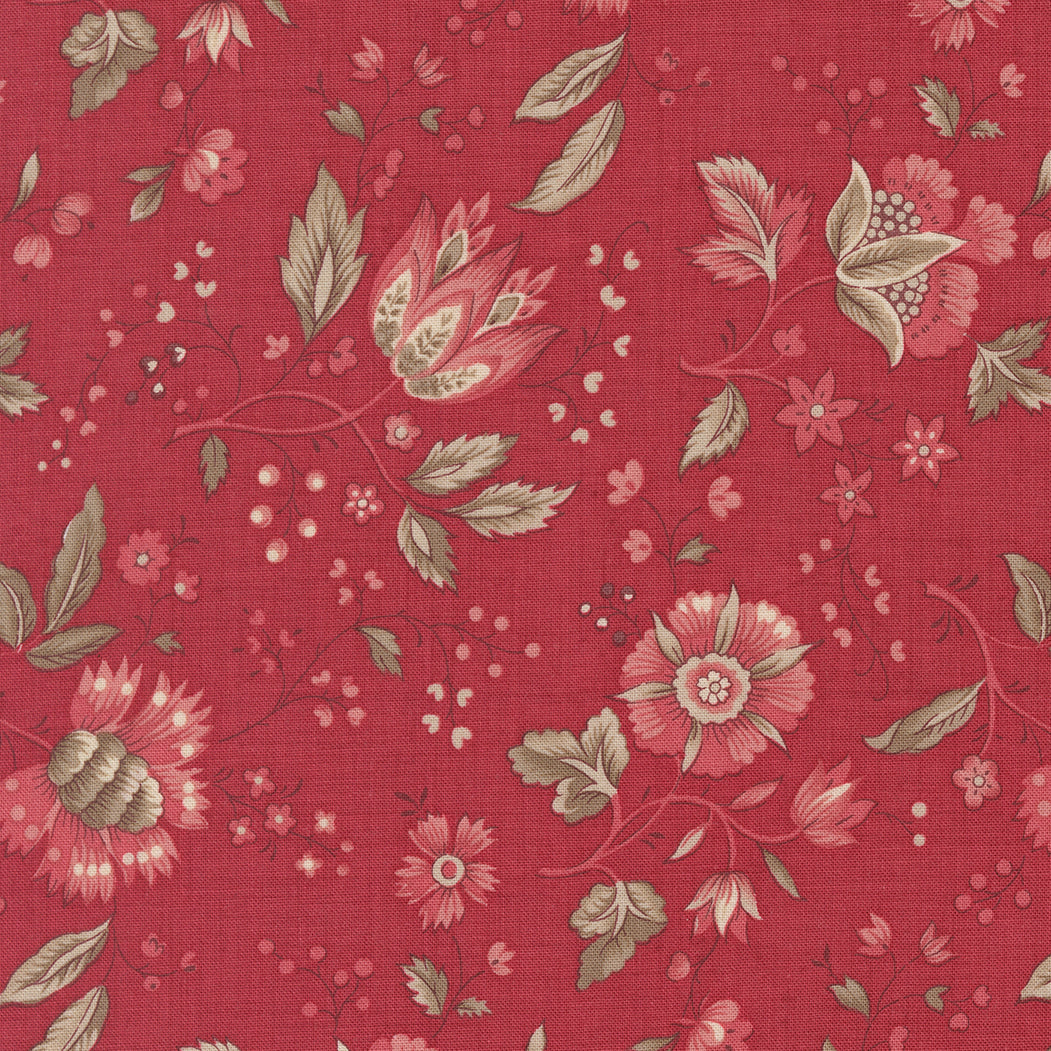 Vintage floral quilting cotton fabric with delicate pink and cream flowers on rouge red background by French General for Moda Fabrics