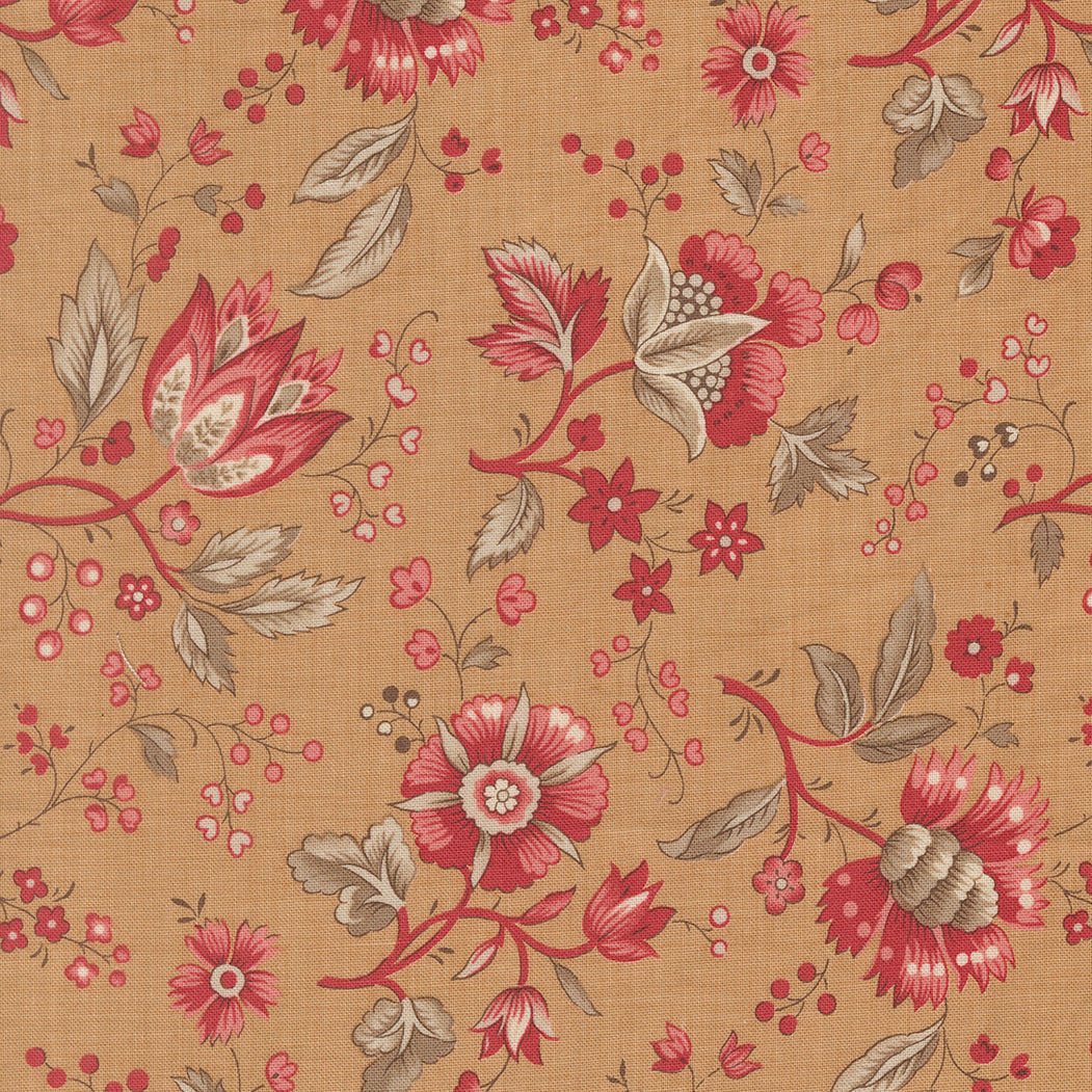 Vintage floral cotton fabric with red botanical flowers on warm tea beige background by French General for Moda Fabrics