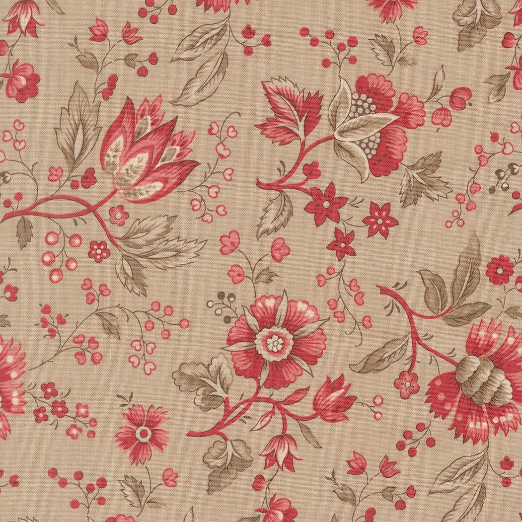 Vintage floral quilting cotton fabric with delicate red botanical flowers on neutral roche background by French General for Moda Fabrics