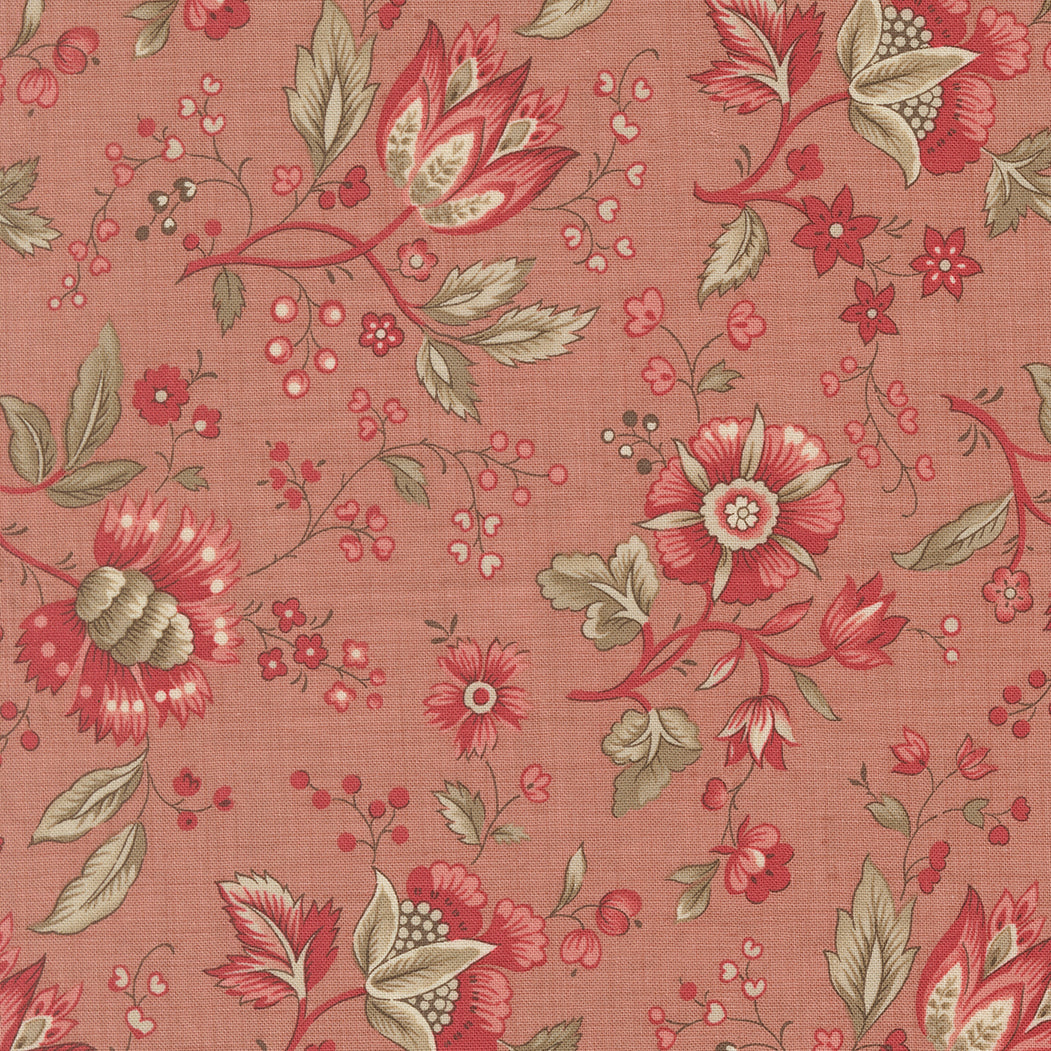 Vintage floral quilting cotton fabric with delicate red and pink botanical flowers on clay pink background by French General for Moda Fabrics