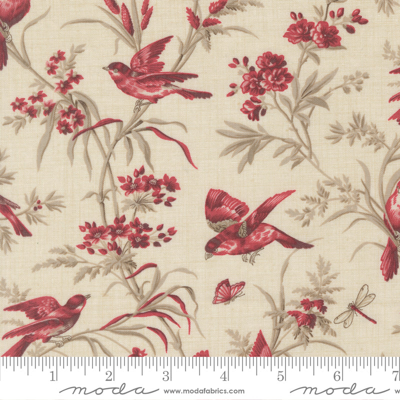 Vintage bird and floral quilting cotton fabric with red birds and delicate botanical branches on pearl background by French General for Moda Fabrics