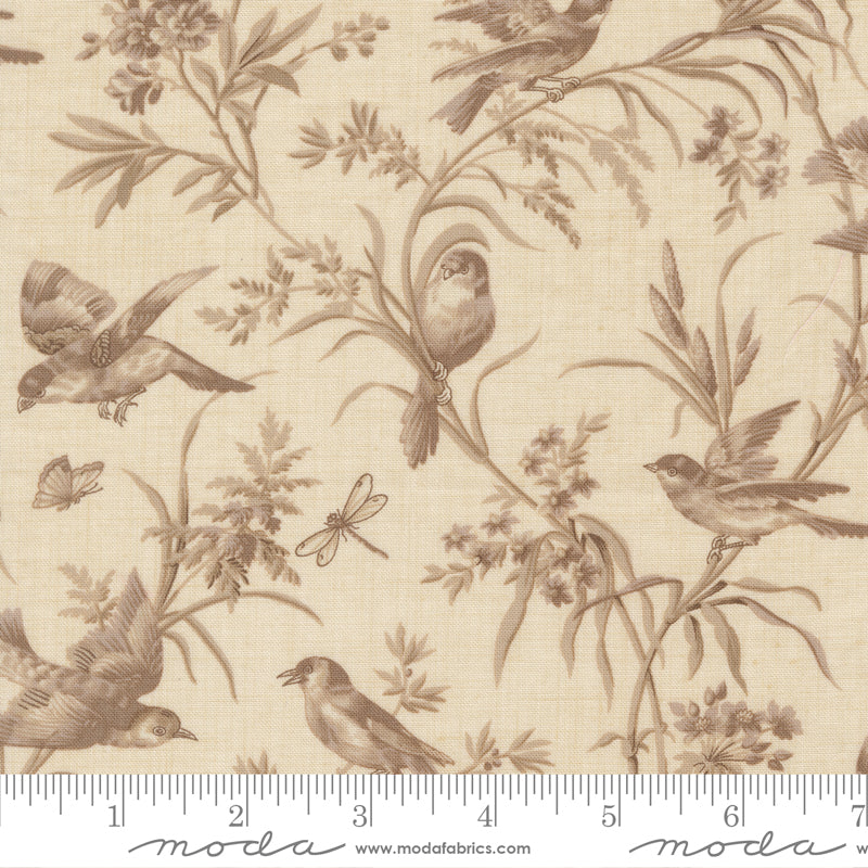 Neutral vintage bird and floral quilting cotton fabric with taupe botanical motifs on pearl roche background by French General for Moda Fabrics