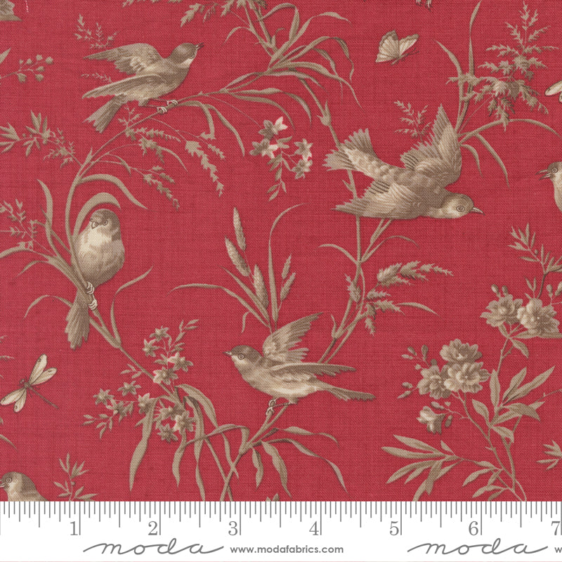Vintage bird and floral quilting cotton fabric with taupe birds and botanical vines on rich rouge red background by French General for Moda Fabrics