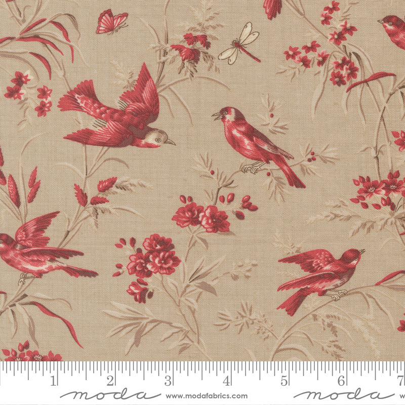 Vintage bird and floral quilting cotton fabric with red birds and delicate botanical motifs on neutral roche background by French General for Moda Fabrics
