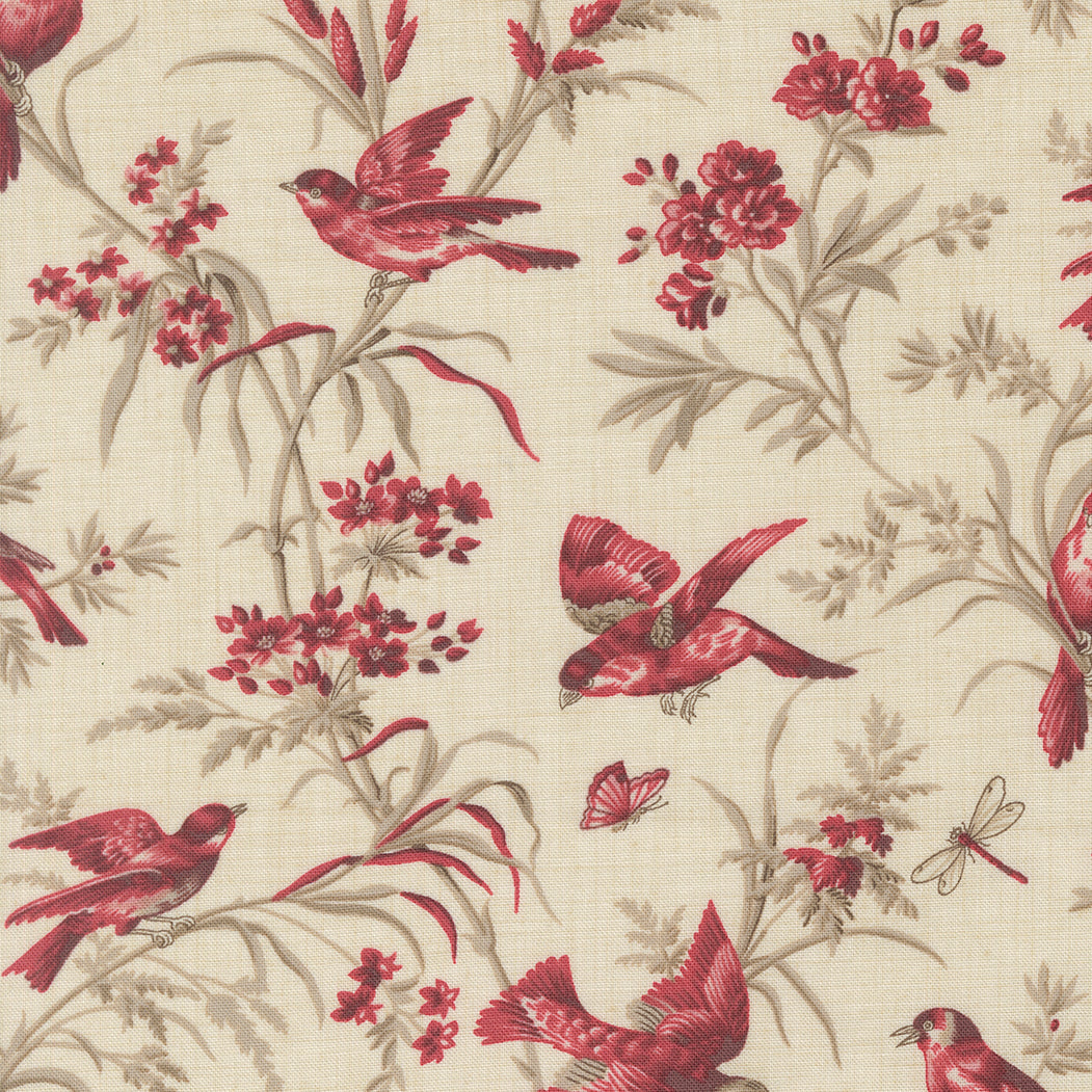 Vintage bird and floral quilting cotton fabric with red birds and delicate botanical branches on pearl background by French General for Moda Fabrics
