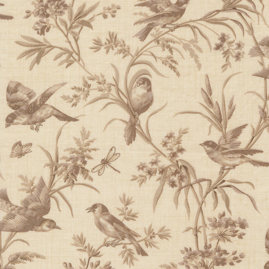 Neutral vintage bird and floral quilting cotton fabric with taupe botanical motifs on pearl roche background by French General for Moda Fabrics