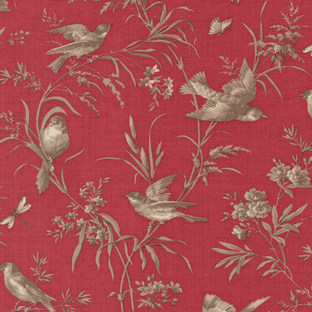 Vintage bird and floral quilting cotton fabric with taupe birds and botanical vines on rich rouge red background by French General for Moda Fabrics