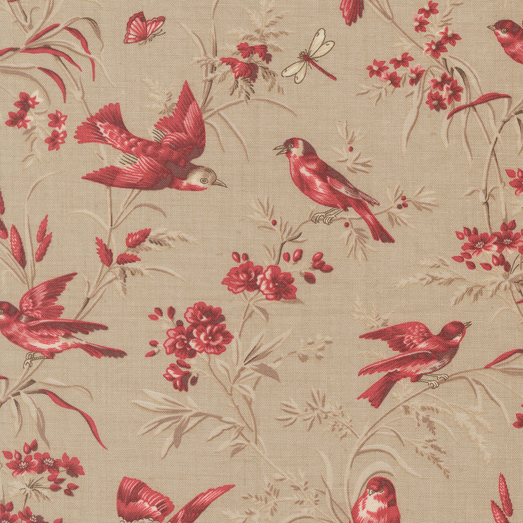 Vintage bird and floral quilting cotton fabric with red birds and delicate botanical motifs on neutral roche background by French General for Moda Fabrics