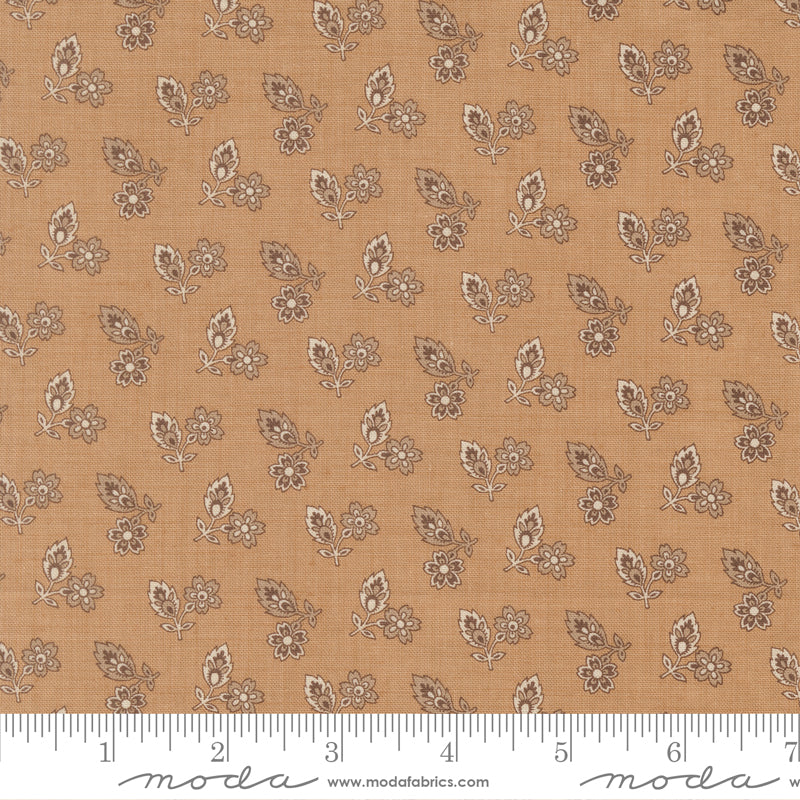 Small floral blender quilting cotton fabric with delicate taupe botanical sprigs on warm tea background by French General for Moda Fabrics