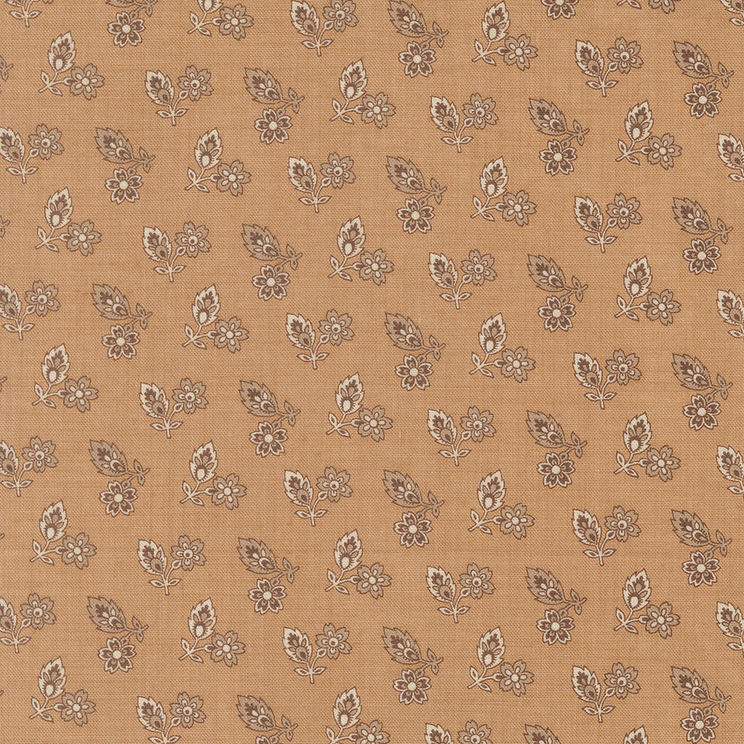 Small floral blender quilting cotton fabric with delicate taupe botanical sprigs on warm tea background by French General for Moda Fabrics