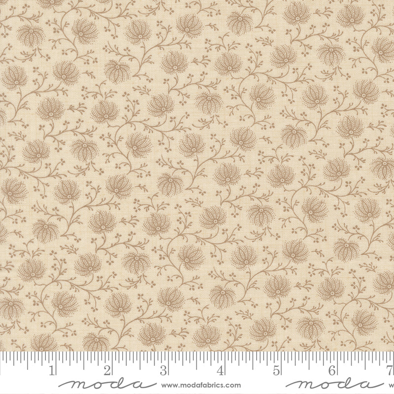 Delicate taupe floral vine quilting cotton fabric on roche pearl background by French General for Moda Fabrics