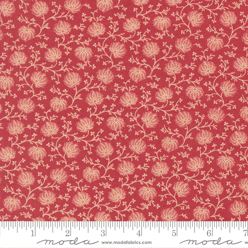 Cream floral vine quilting cotton fabric on rouge red background by French General for Moda Fabrics