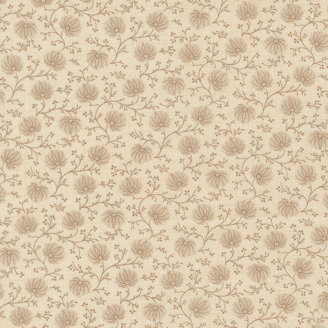 Delicate taupe floral vine quilting cotton fabric on roche pearl background by French General for Moda Fabrics