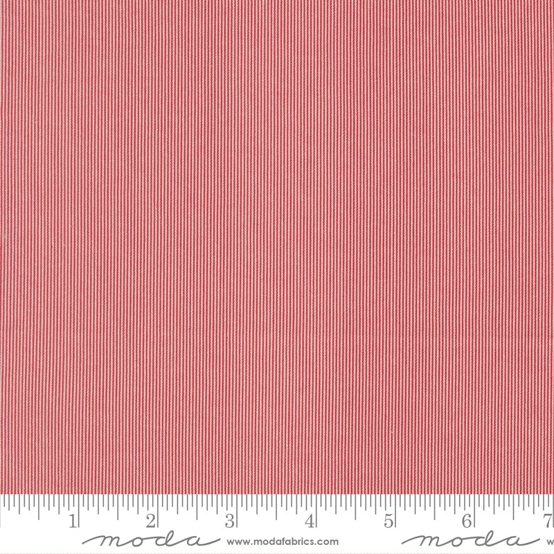 Fine red ticking stripe quilting cotton fabric on cream background by French General for Moda Fabrics