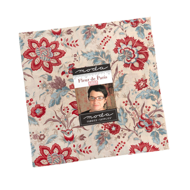 Fleur De Paris Layer Cake by French General for Moda Fabrics featuring 42 coordinated 10-inch premium cotton fabric squares with elegant French-inspired floral and botanical prints.
