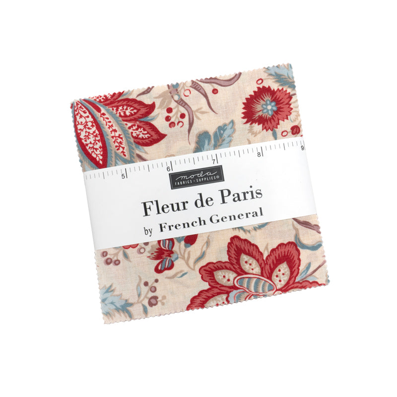 Fleur De Paris Charm Pack by French General for Moda Fabrics featuring 42 coordinated 5-inch premium cotton fabric squares with elegant French-inspired floral and botanical prints.