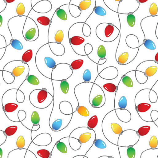 White cotton fabric with colorful holiday light strings – Country Christmas Holly Jolly Lights 14010-09 by Kanvas Studio for Benartex.