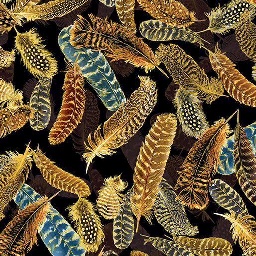 Black fabric with gold metallic feather design – Harvest Festival by Kanvas Studio