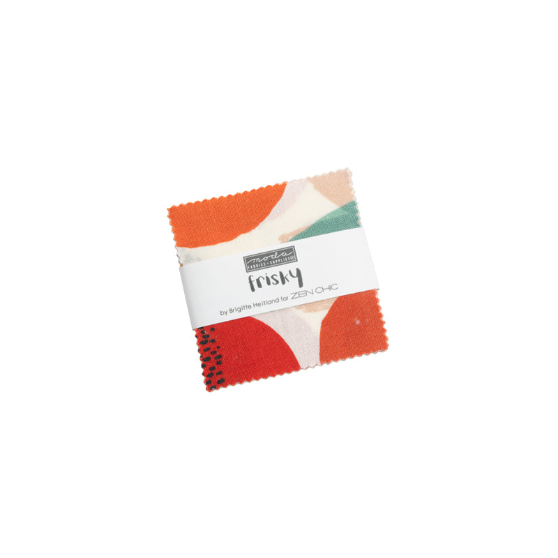 Frisky Charm Pack by Zen Chic for Moda Fabrics featuring 42 coordinated 5-inch cotton fabric squares with modern geometric, abstract, dotted, and textured prints in mustard, coral, teal, navy, cream, and neutral tones.