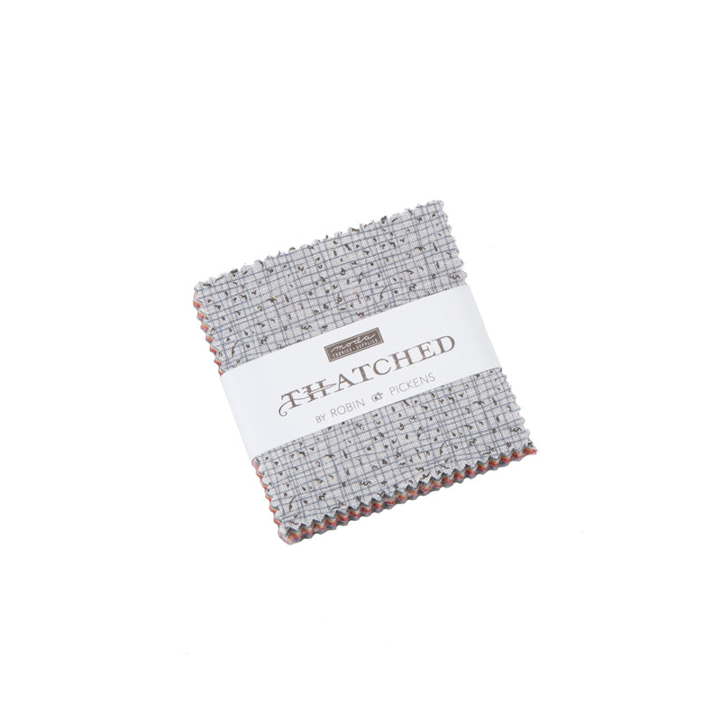 Thatched Charm Pack by Robin Pickens for Moda Fabrics featuring 42 coordinated 5-inch cotton fabric squares with a linen-inspired printed texture in a wide range of vibrant colors for quilting and sewing.