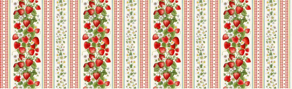 Sweet Berry strawberry stripe fabric by Timeless Treasures with red strawberries, white blossoms, gingham, and cream vertical stripes.