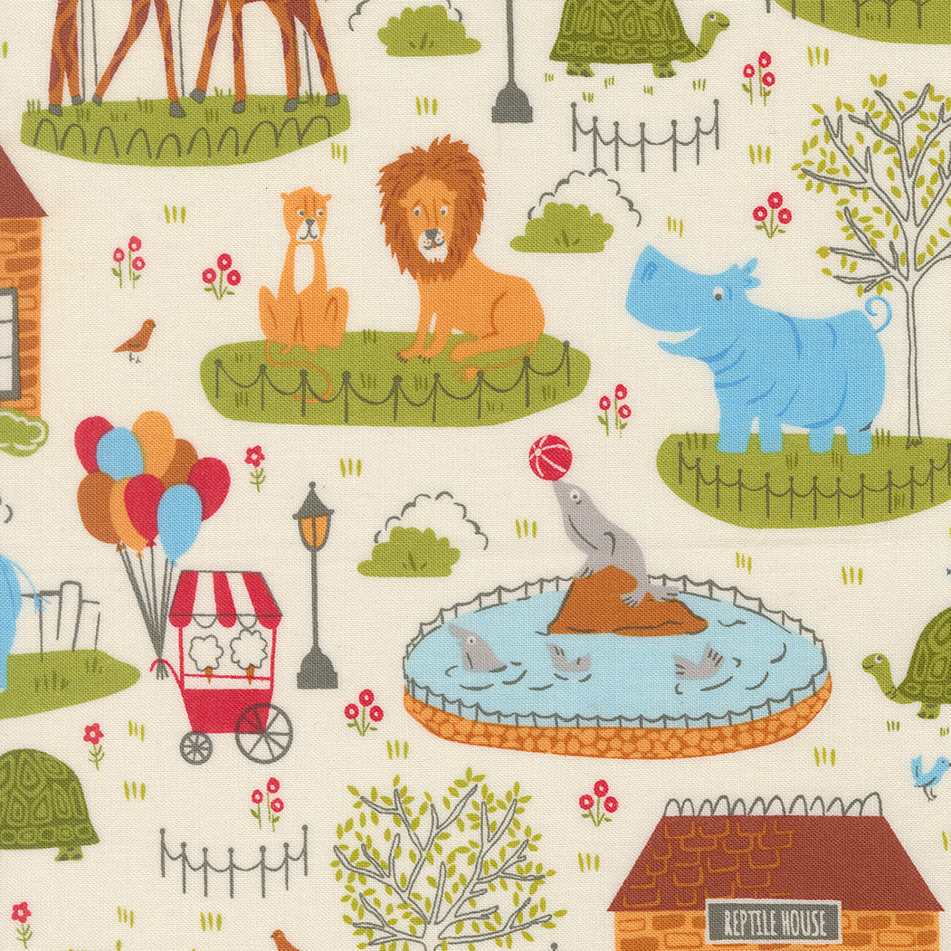 Animal Park Fun Zoo Animals Dove fabric by Stacy Iest Hsu for Moda Fabrics featuring whimsical lions, giraffes, hippos, seals, turtles, balloons, and zoo attractions on a soft dove premium cotton background.