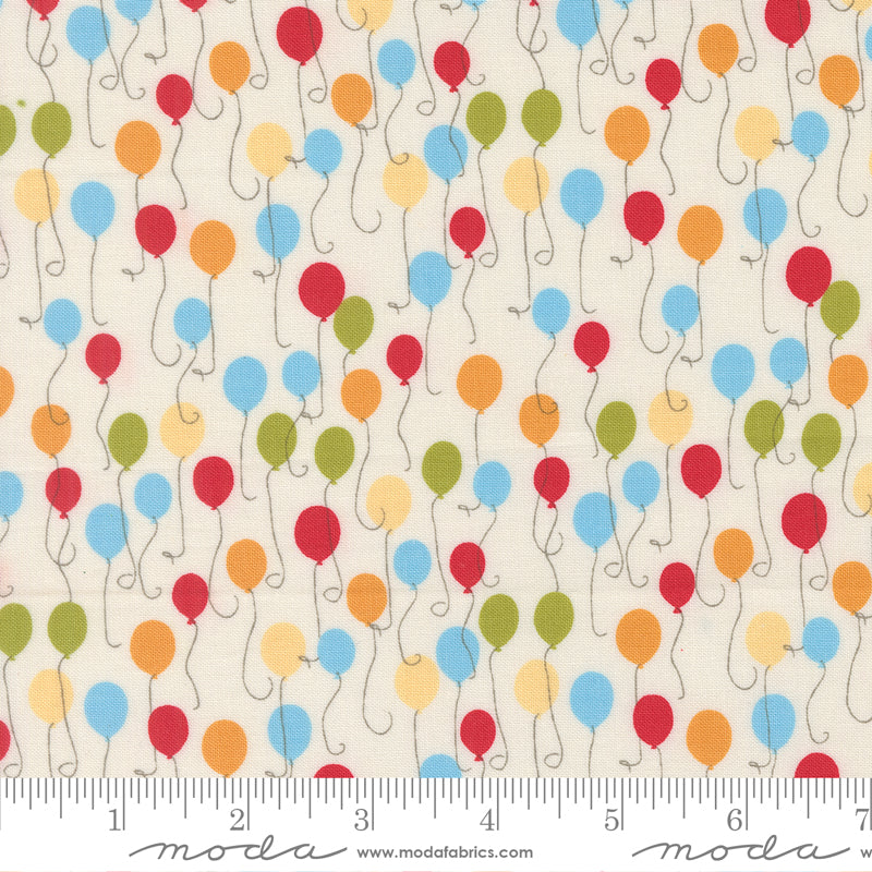 Animal Park Fun Balloons Dove fabric by Stacy Iest Hsu for Moda Fabrics featuring colorful floating balloons on a soft dove premium cotton background.