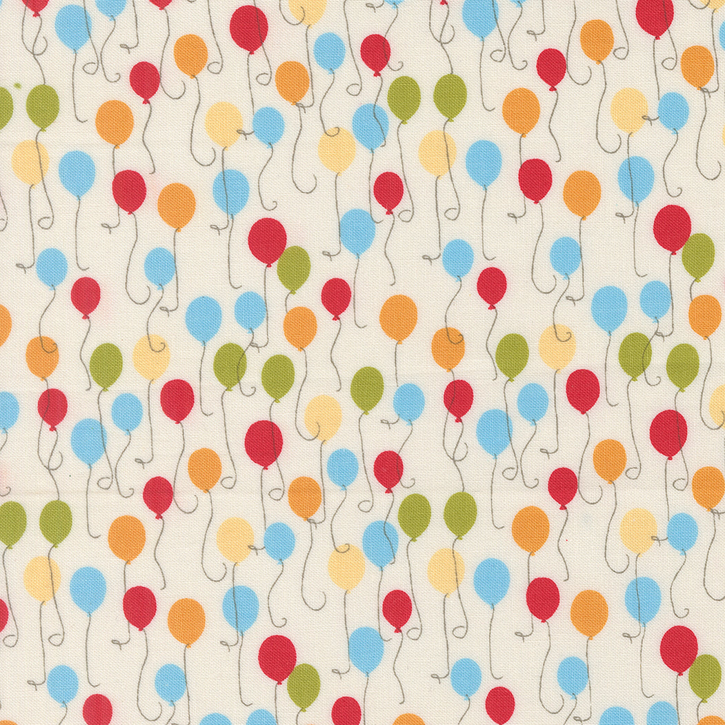 Animal Park Fun Balloons Dove fabric by Stacy Iest Hsu for Moda Fabrics featuring colorful floating balloons on a soft dove premium cotton background.