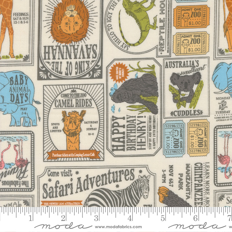 Animal Park Fun Vintage Zoo News Paper Dove fabric by Stacy Iest Hsu for Moda Fabrics featuring vintage zoo posters, admission tickets, safari advertisements, and animal illustrations on a soft dove premium cotton background.
