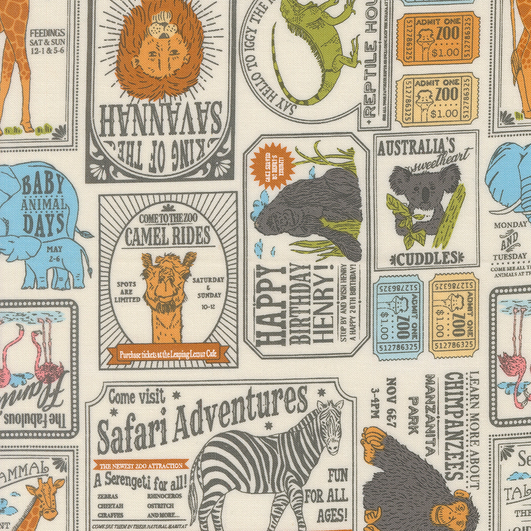 Animal Park Fun Vintage Zoo News Paper Dove fabric by Stacy Iest Hsu for Moda Fabrics featuring vintage zoo posters, admission tickets, safari advertisements, and animal illustrations on a soft dove premium cotton background.